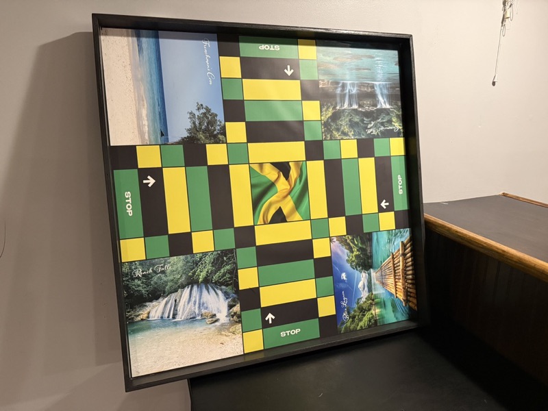 Jamaica landmarks custom ludi board leaning against a wall