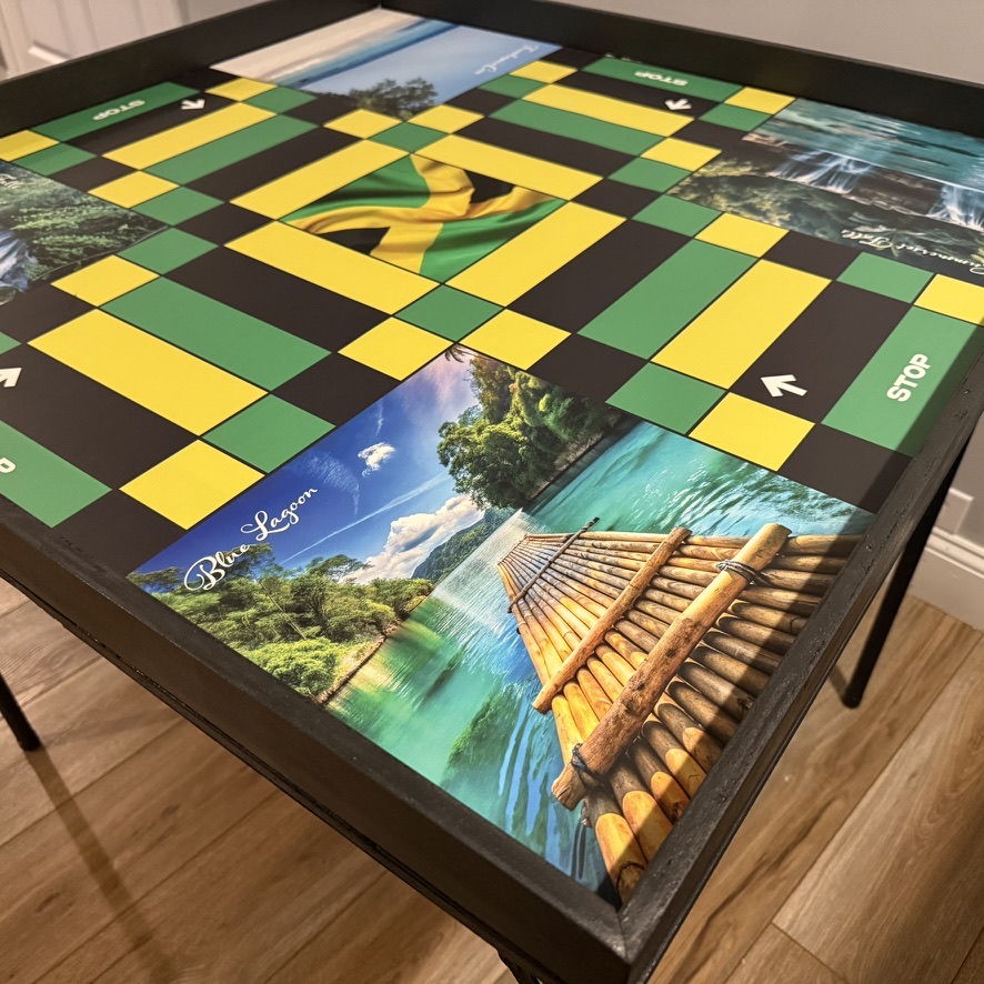 Jamaican Ludi Board; Portland edition with Blue Lagoon raft image